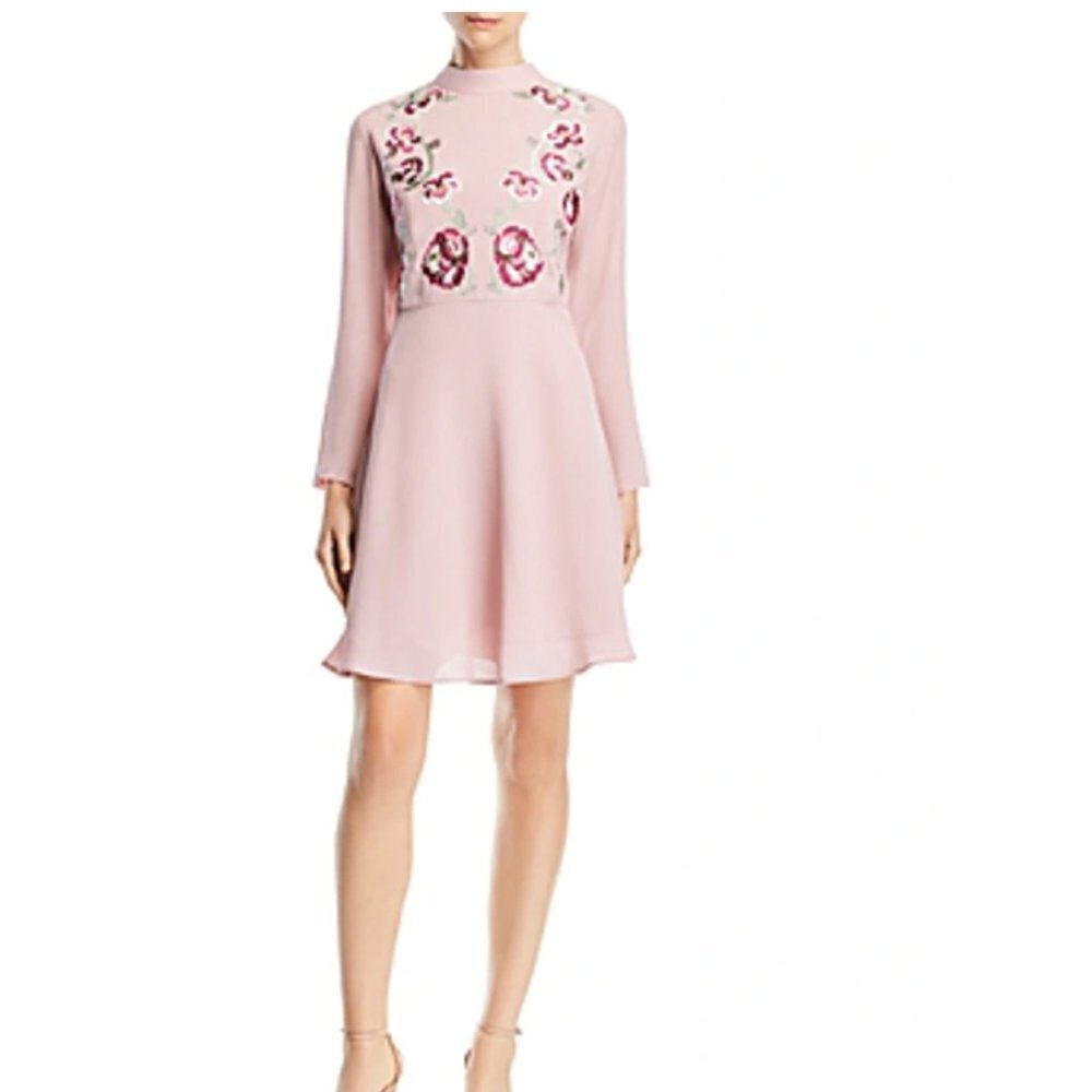 Nanette Lepore embroidered mock neck dress demure pink size 16